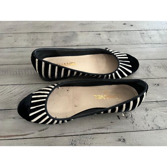CHANEL Black Ivory Velvet Zebra Striped CC Ballet Flats Size 39 9 - Picture 12 of 13